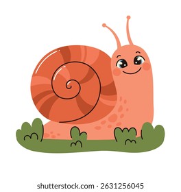Cute pink snail sitting on the grass. Flat vector illustration.