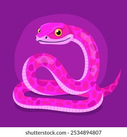 Cobra rosa bonita em um fundo roxo. Ano Novo da Cobra, Ano Novo Lunar ou Ano Novo Chinês. Personagem do desenho animado do zodíaco animal, mascote, símbolo do ano. Ilustração para cartão de saudação.