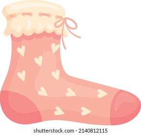 Cute pink sock with heart pattern. Soft warm girl apparel isolated on white background
