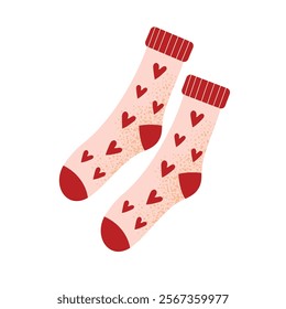 Cute pink socks with heart pattern. Perfect for Valentine's Day decoration, gift wrapping, stickers, and greeting cards. Flat vector illustration isolated on white background.