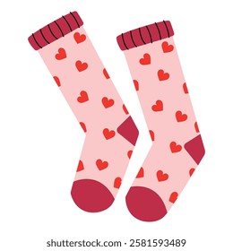 Cute pink socks with hearts in hand drawn style. Doodle pretty socks icon in flat style.