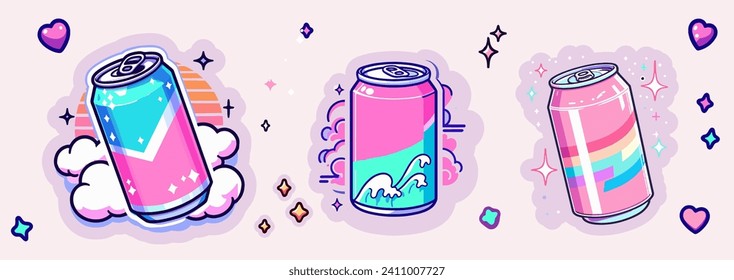 Cañones de soda rosados en dibujos animados. Conjunto de ilustraciones vectoriales para el diseño de pegatinas o parches en colores pastel.