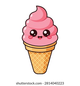 Cute Pink Soft Serve Ice Cream Cone Character Cartoon Icon