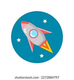 rosafarbene Raumschiff-Rakete im Kreissaal mit weißen Sternen-Cartoon-Symbol, flaches Vektordesign