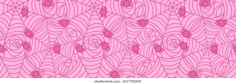 Cute Pink Spider Web Seamless Pattern Kawaii Halloween Concept. Stock Vector Illustration in Cartoon Style with Outline.