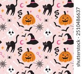 Cute pink spooky Halloween themed vector seamless pattern design with carved pumpkin, bats, black cat, witchy hat, skull illustration in cartoon retro groovy funky style for wrapping paper, background