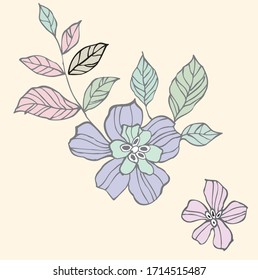 Cute pink spring flowers. blooming cherry flowers. Two pink flowers. Tea rose flowers with leaves. Sketch for tattoo. Illustration for printing t-shirts, cards.