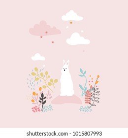Cute pink spring postcard with rabbit. Vector cartoon illustration for children. Spring is coming