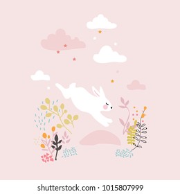 Cute pink spring postcard with rabbit. Vector cartoon illustration for children. Spring is coming