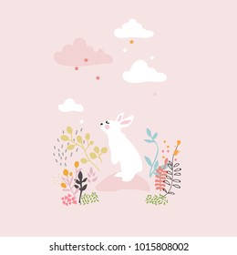 Cute pink spring postcard with rabbit. Vector cartoon illustration for children. Spring is coming