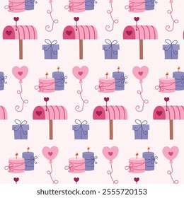 Cute pink spring romantic love seamless pattern with gift box, balloon, mailbox, candles, hearts. Vector background for valentine's day.