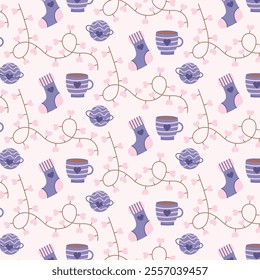 Cute pink spring romantic love seamless pattern with sock, planet, garland, hearts. Vector hand drawn flat background for valentine's day.