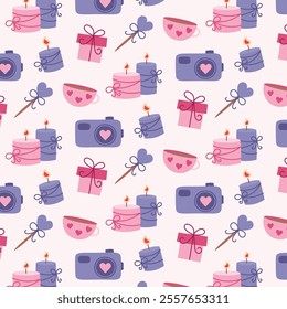 Cute pink spring romantic love seamless pattern with candles, camera, coffee cup, lollipop, hearts. Vector background for valentine's day.