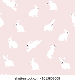 Cute pink spring seamless pattern with rabbit. Vector cartoon illustration for children. Spring is coming