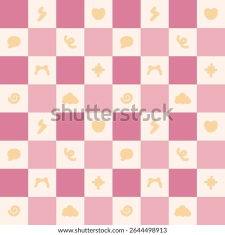 cute pink square pattern with some icon for background, backdrop and fabric