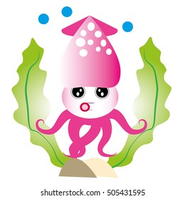 cute pink squid cartoon.