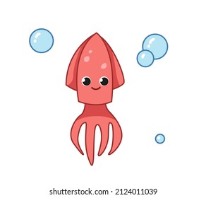 Cute pink squid with a smile. Vector illustration of a sea animal in a cartoon childish style. Isolated funny clipart on white background. Cute baby squid print