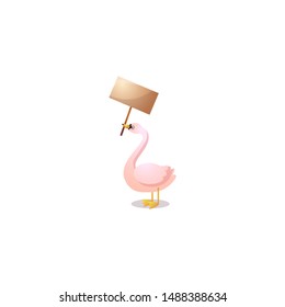 Cute pink standing swan with a nameplate in its beak. Raster illustration in the flat cartoon style