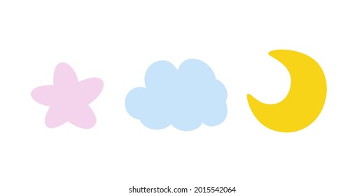 Cute pink star, blue clod and yellow moon isolated on white background. Childish design. Vector illustration of happy sleep.