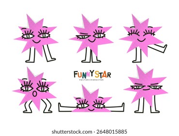 Cute pink star character set with expressive faces and playful poses, perfect for fun, children's designs, greeting cards, or entertainment projects. Bright, cheerful, and whimsical style.