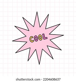 Estrella rosa suave con el texto Cool en el estilo de los años 90. Ilustración de doodle dibujada a mano por vectores aislados en fondo blanco. Nostalgia de los años 90. Perfecto para tarjetas, decoraciones, logotipo, pegatinas