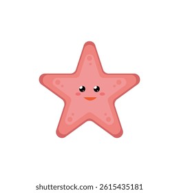 Cute pink starfish cartoon with a smiling face and blushing cheeks on a white background. Ideal for children’s decor, ocean themes, or educational marine designs.