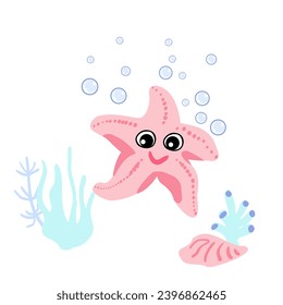 Cute pink starfish underwater, shells and seaweed. Vector illustration of sea life character