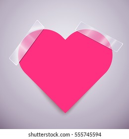 Cute pink sticker in form of heart attached with a scotch tape. Vector illustration