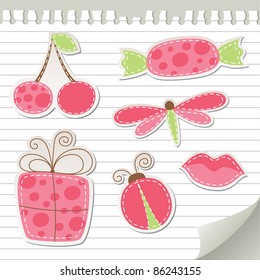 cute pink stickers set on realistic paper