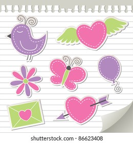 cute pink stickers set on realistic paper