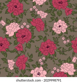 cute pink stock vector flowers with green leaves pattern on grey background