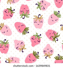 Cute Pink Strawberries with Dots Vector Seamless pattern. Kawaii Strawberry Berries Fruit Background. Summer Berry Wallpaper for Kids