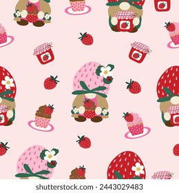 cute pink strawberry cake gnomes hand drawn seamless pattern vector illustration for invitation greeting birthday party celebration wedding card poster banner textile wallpaper paper wrap background