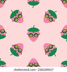 Cute pink strawberry character wearing sunglasses vector seamless pattern background summer vacation, relax design.
