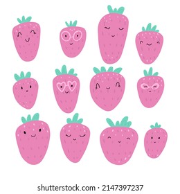 Farbige, rosa Erdbeerzeichen setzen. Fröhlich lustige Emoji in einfachem handgezeichnet Stil. Gesundes vegetarisches Essen.