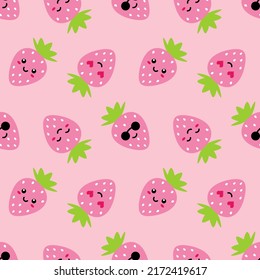 Cute pink strawberry characters vector seamless pattern background for food and nature.
