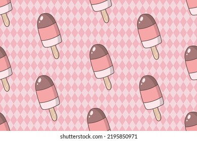 Cute pink strawberry chocolate ice cream frozen dessert sweets doodle pattern