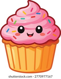 Cute pink strawberry cupcake chibi vector. Adorable sticker for bakery and stationery