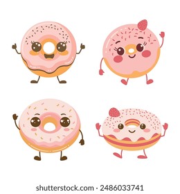 Cute Pink Strawberry Donuts Cartoon Character with Happy Expression