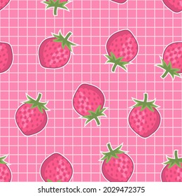 Cute pink strawberry with grid lines seamless pattern aesthetic design