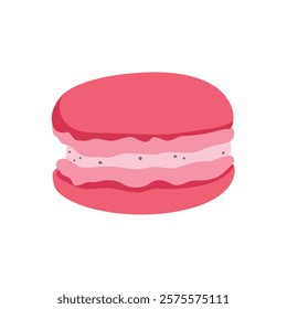 Cute pink strawberry macaron, macaroon pastry sweet food dessert isolated on white background. Cartoon vector illustration 