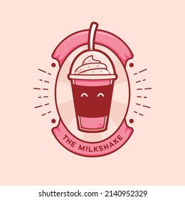 cute pink strawberry milkshake cup drink logo mascot cartoon badge