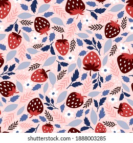 cute pink strawberry pattern seamless isolated in pink backgound. full element with leaves and branch. hand drawn doodle vector.