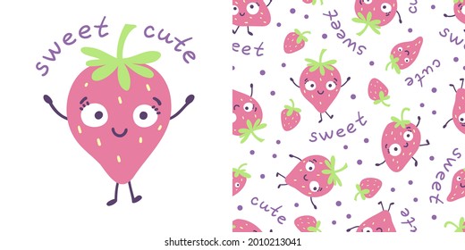 Fresa rosa dulce. Patrón de repetición sin inconvenientes con berry divertida, letras y punto de polka. Ilustración vectorial plana aislada en blanco.