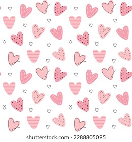 Cute pink striped and doted hearts on white background seamless pattern. Holiday doodle design. Vector illustration.