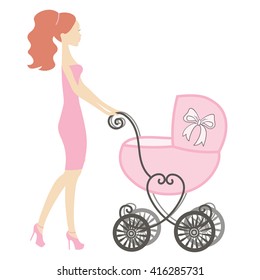 cute pink stroller, vector illustration of modern mother walking with vintage baby carriage, store logo, silhouette, sale or advertising icon, invitations for baby shower
