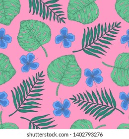 Cute pink summer seamless pattern with colorful green tropical leaves and blue flowers. Trendy contrast exotic plants texture for textile, wrapping paper, surface design, wallpaper, background