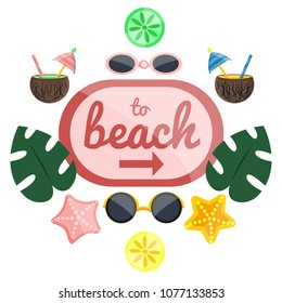 Cute pink summer time weekend vacation holiday beach sea logo concept. Modern flat cartoons vector illustration icon. Coctail, fruit, glasses, fan, sea stars, female, male, tropical palm leaves.