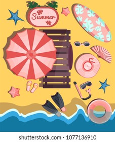 Cute pink summer time weekend vacation holiday beach sea poster flyer. Modern flat vector illustration icon. Surfing, fruit, glasses, fan, sea stars, female diving set, tropical palm leaves, lounger
