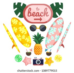 Cute pink summer time weekend vacation holiday beach concept. Flat cartoons vector illustration icons. Isolated on white. Palm leaves, pineapple, cocktail in coconut, glasses, surfboard, starlet, lime